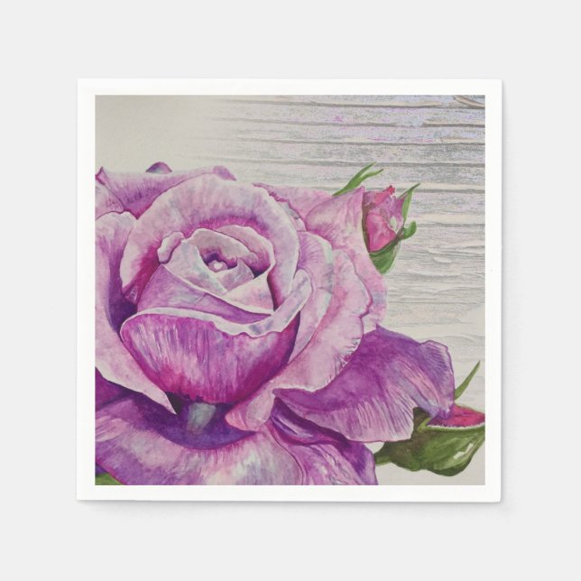 Rustic Wood Watercolor Purple Rose Napkin (Front)