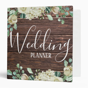 Rustic wood watercolor rose floral Wedding Planner Binder