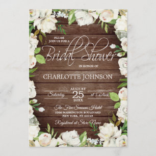 Rustic Wood Watercolor White Floral Bridal Shower Invitation
