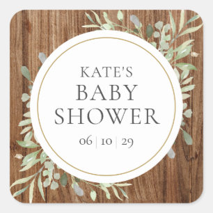 Rustic Wood Watercolour Greenery Baby Shower Square Sticker