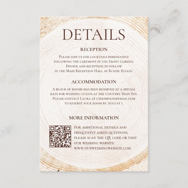 Rustic Wood Wedding Details Card with QR code (Front)