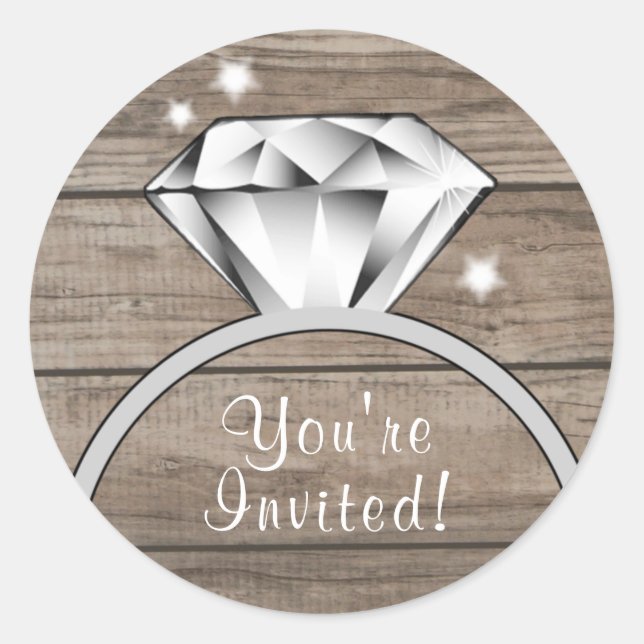 Rustic wood wedding Diamond Ring You're invited Classic Round Sticker (Front)