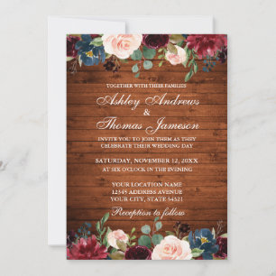 Rustic Wood Wedding Floral Burgundy Blue Invite
