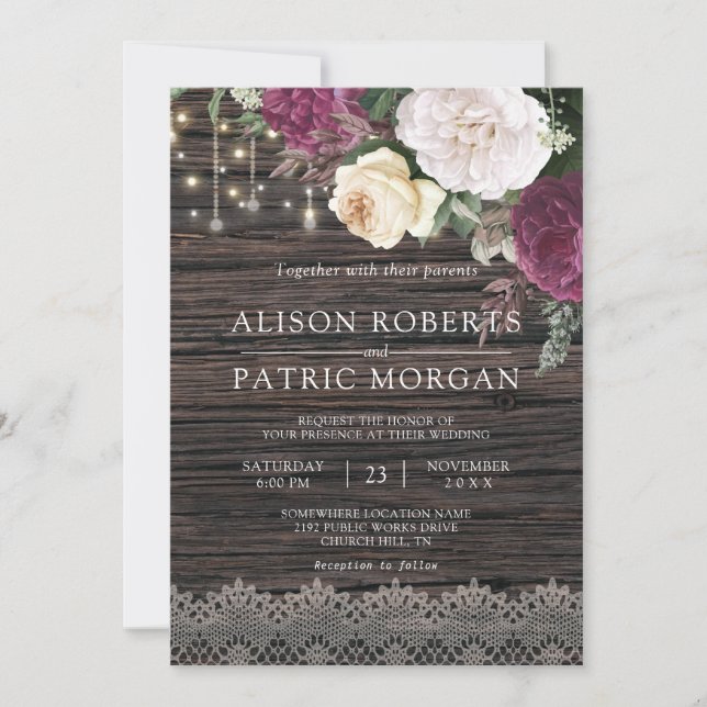 Rustic wood Wedding Floral Lace Invitation (Front)