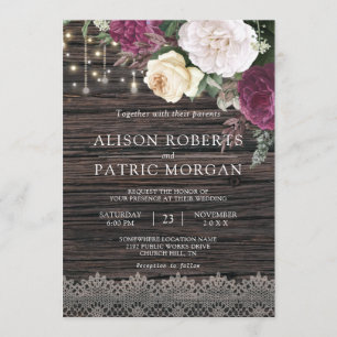 Rustic wood Wedding Floral Lace Invitation
