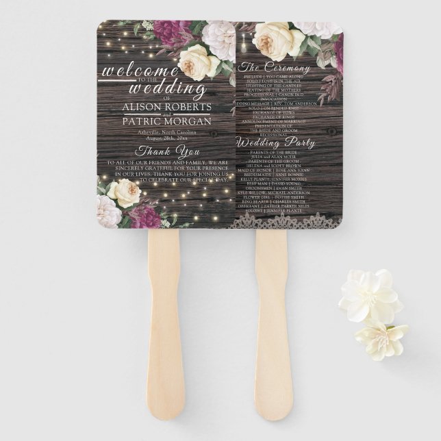 Rustic wood Wedding Lace Floral Wedding Program Hand Fan (Front and Back)