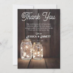 Rustic Wood Wedding Mason Jar Light Strings Custom Thank You Card