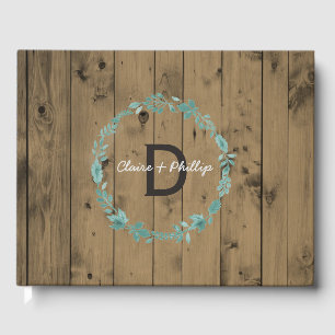 Rustic Wood Wedding Monogram   Botanical Wreath Guest Book