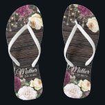 Rustic wood Wedding Mother of the Bride Flip Flops<br><div class="desc">Rustic wood Wedding Mother of the Bride design with lace details and string of lights. Beautiful floral details are in first plan and make these design elegant and chic. Design is easy to personalize, if you wish to change fonts please Click to customize further. This design is perfect for outdoor...</div>