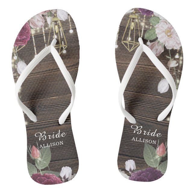 Rustic Wood Wedding Personalized Bride Flip Flops (Footbed)