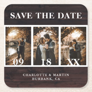 Rustic Wood Wedding Photo Save The Date Square Paper Coaster