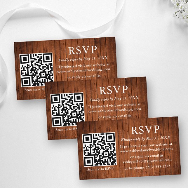 Rustic Wood Wedding QR RSVP Enclosure Card (Customize to change text size or text style.)