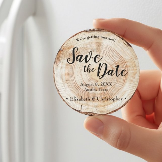 Rustic wood Wedding Save the date Personalized Magnet (Save the date rustic wedding wood cut slice print 3 inches in size template.)