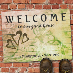 Rustic Wood Welcome Hearts Custom Name  Doormat