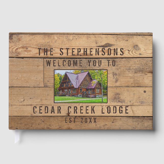 Rustic Wood Welcome Photo Personalized Guest Book (Front)