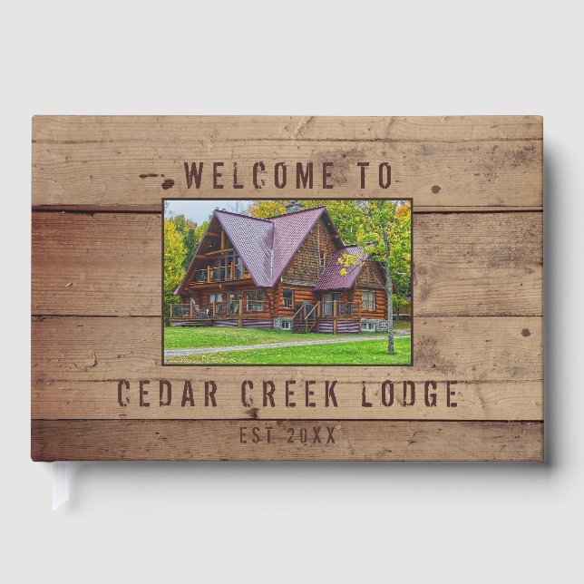 Rustic Wood Welcome Photo Personalized Guest Book (Front)