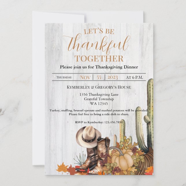 Rustic Wood Western Themed Thanksgiving Dinner Inv Invitation (Front)