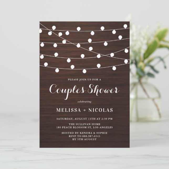 Rustic Wood Whimsical String Lights Couples Shower Invitation (Standing Front)