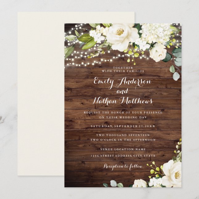Rustic Wood White Champagne Floral Lights Wedding Invitation (Front/Back)