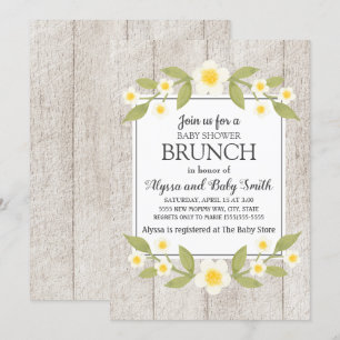 Rustic Wood White Floral Baby Shower Brunch Invitation