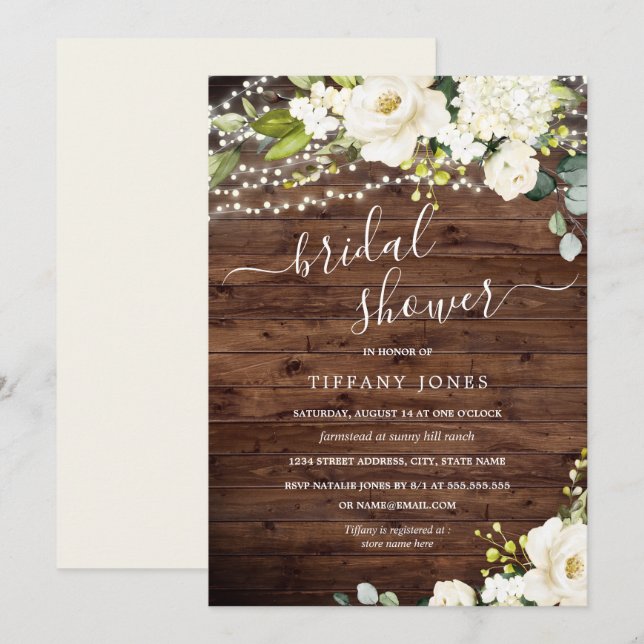 Rustic Wood White Floral Lights Bridal Shower Invitation (Front/Back)