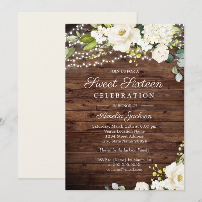 Rustic Wood White Floral Lights Sweet 16 Invitation (Front/Back)