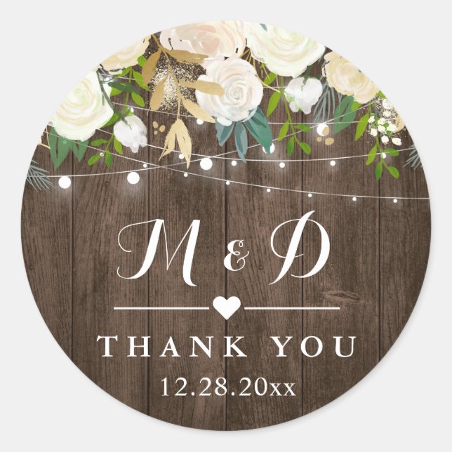 Rustic Wood White Floral Monogram Wedding Favour Classic Round Sticker (Front)