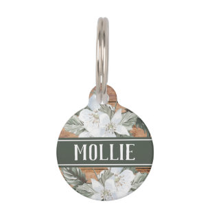 Rustic Wood White Floral Name and Address Pet Tag