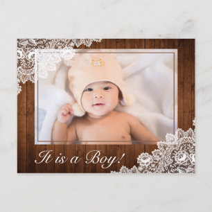 Rustic Wood & White Lace Baby Boy Birth Photo Announcement Postcard