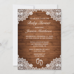 Rustic Wood & White Lace Baby Shower Invitation