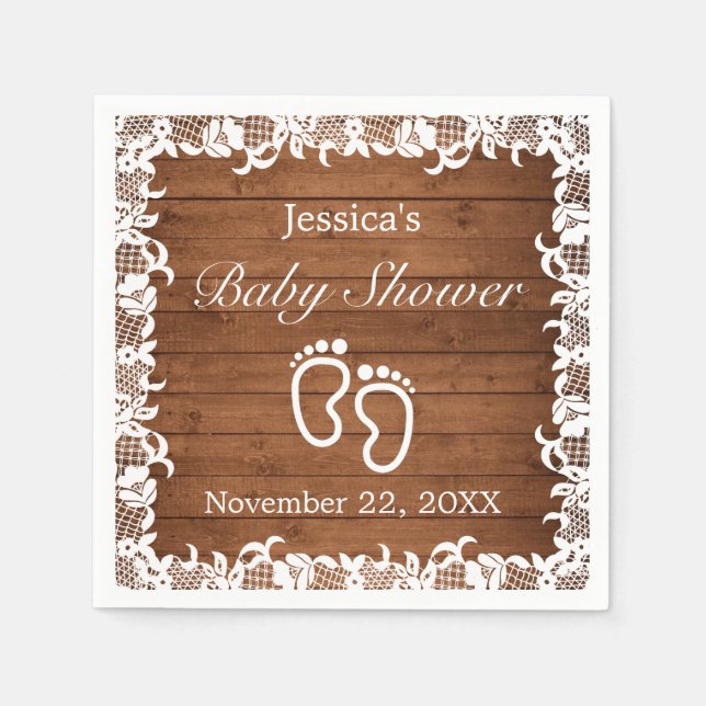 Rustic Wood & White Lace Baby Shower Napkin (Front)