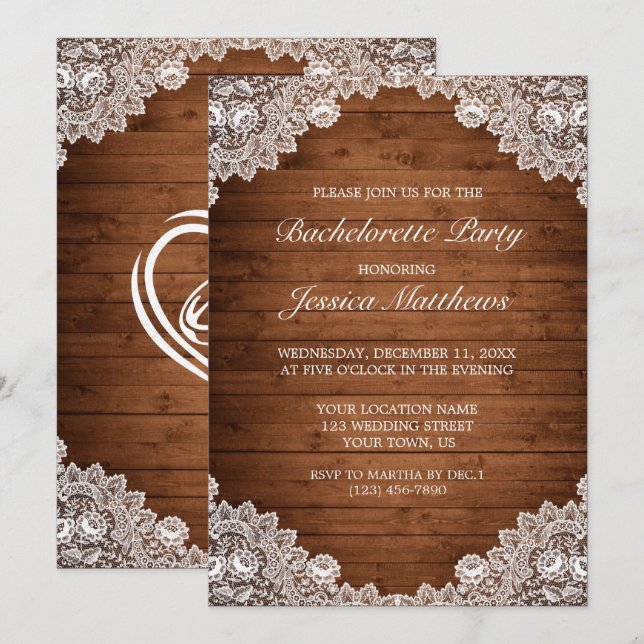 Rustic Wood & White Lace Bachelorette Party Invitation (Front/Back)