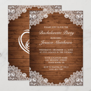 Rustic Wood & White Lace Bachelorette Party Invitation