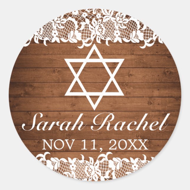 Rustic Wood & White Lace Bar Bat Mitzvah Classic Round Sticker (Front)