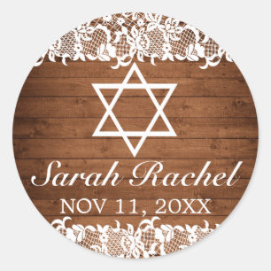 Rustic Wood & White Lace Bar Bat Mitzvah Classic Round Sticker