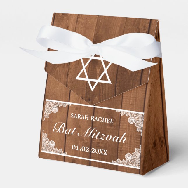 Rustic Wood & White Lace Bar Bat Mitzvah Favor Box (Front Side)