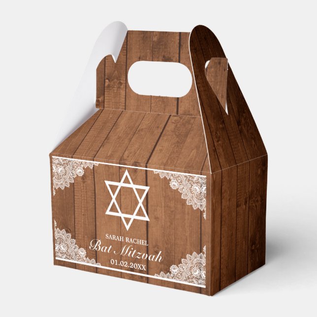 Rustic Wood & White Lace Bar Bat Mitzvah Favor Box (Front Side)