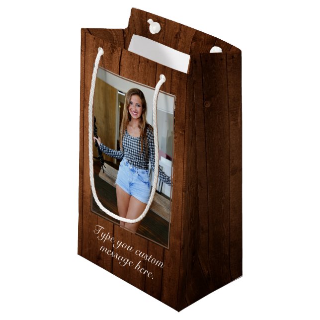 Rustic Wood & White Lace Birthday Photo Small Gift Bag (Front Angled)
