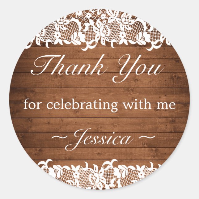 Rustic Wood & White Lace Birthday Thank You Classic Round Sticker (Front)