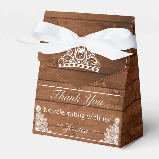 Rustic Wood & White Lace Birthday Tiara Favor Box (Front Side)