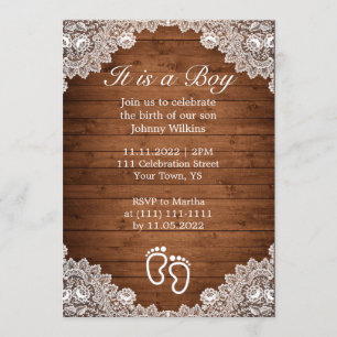 Rustic Wood & White Lace Boy Birth Celebration Invitation