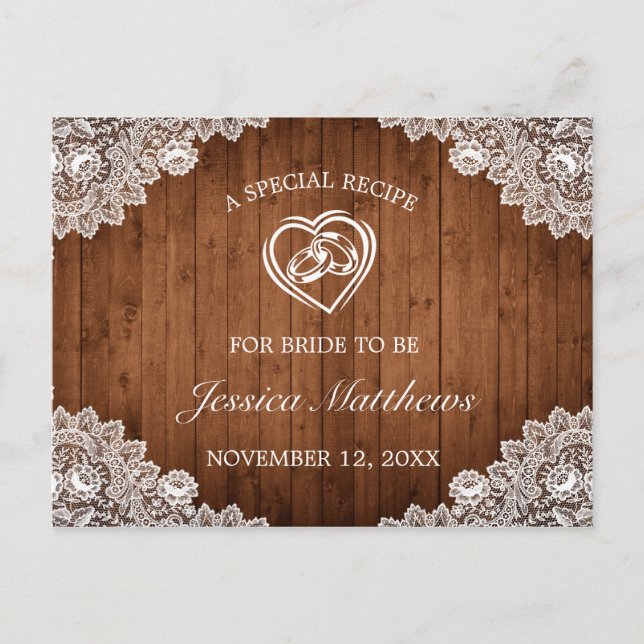 Rustic Wood & White Lace Bridal Shower Recipe Card (Front)