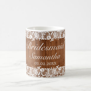 Rustic Wood & White Lace Bridesmaid Wedding Coffee Mug