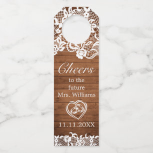 Rustic Wood & White Lace Cheers Bridal Shower Bottle Tag
