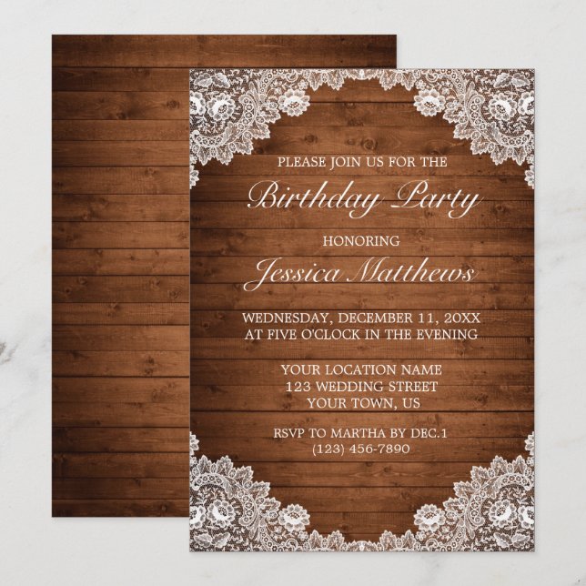 Rustic Wood & White Lace Custom Birthday Invitation (Front/Back)