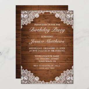 Rustic Wood & White Lace Custom Birthday Invitation