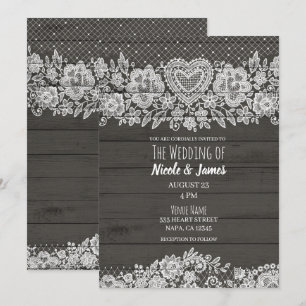 Rustic Wood & White Lace Farmhouse Barn Wedding Invitation
