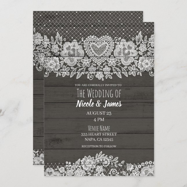Rustic Wood & White Lace Farmhouse Barn Wedding Invitation (Front/Back)
