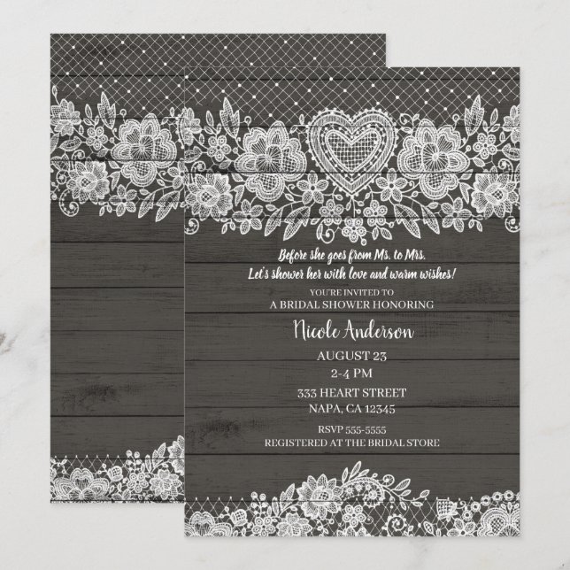 Rustic Wood & White Lace Farmhouse Bridal Shower Invitation (Front/Back)