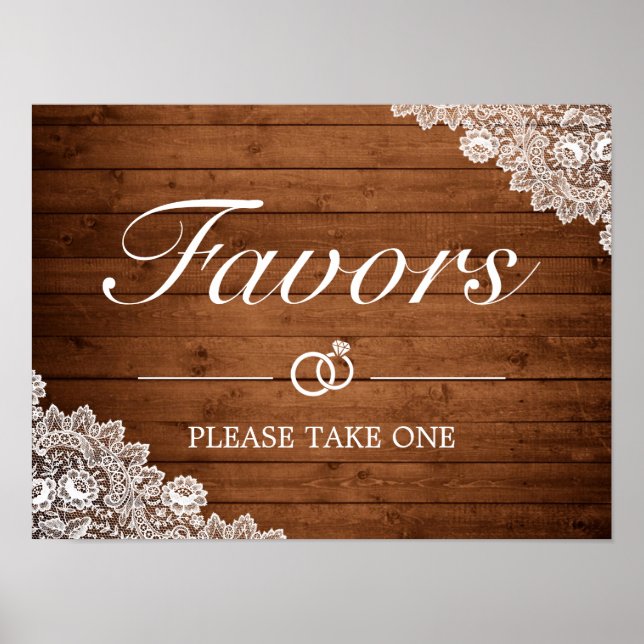 Rustic Wood & White Lace Favors Wedding Sign (Front)